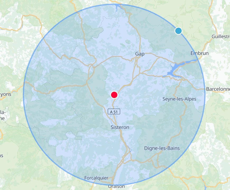 carte avec un rond de 50km de diametre autour de Ventavon
